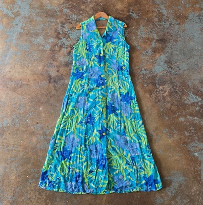 Vintage 90s Tropical Midi Dress Size L Collared Sleeveless Blue Green Open Back - Image 1 of 4