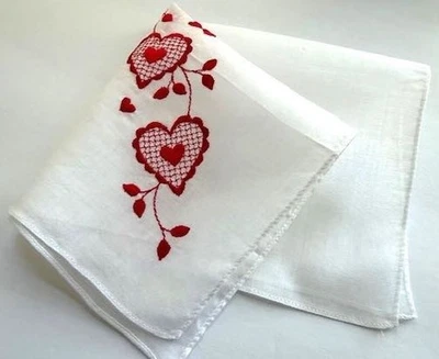VINTAGE HANKY EMBROIDERED VALENTINES DAY RED EMBROIDERED HEARTS ON WHITE COTTON - Image 1 of 4