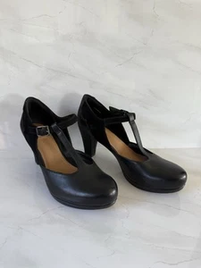 Clarks Artisan Black Leather High Heel T-Bar Shoes Chorus Gia UK 6 D VGC - Picture 1 of 8