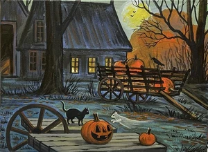ORIGINAL HALLOWEEN PAINTING RYTA Black Cat Witch Landscape Farm Salem Folk Art - Picture 1 of 1