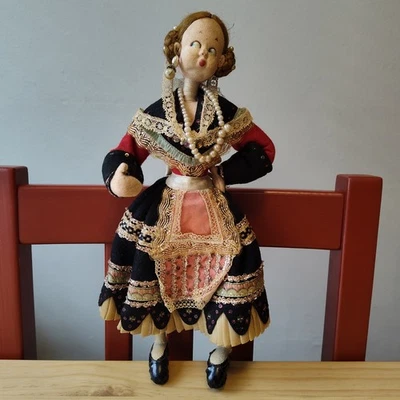 Vintage Roldan Klumpe Cloth Doll Woman Spanish Floral Dress Felt Handmade - Image 1 of 4