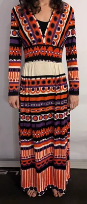 * Maxi Vestido Abstracto Romantica Victor Costa Años 70 Rojo, Blanco y Azul (XS) Foto 1 de 4