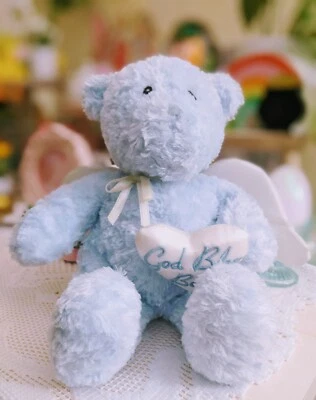 Baby Gund God Bless Baby Angel Bear Blue 10in Soft Plush 5803 White Satin Wings - Image 1 of 4