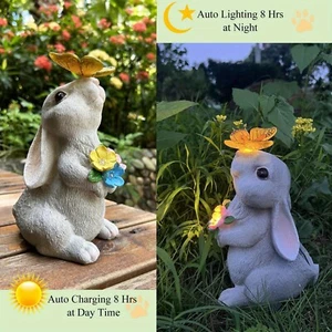 Resin Rabbit Sculpture Solar Bunny Statue Garden Decor Butterfly LED Light Yard - Picture 1 of 7