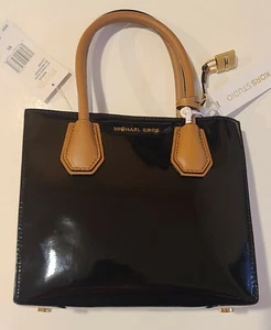 New MICHAEL KORS MERCER Studio Medium messenger Tote Leather lock black bag - Picture 1 of 4