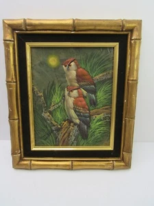 Original GRIS Birds Owls Oil Painting Signed Framed Faux Bamboo 14x12 GUC - Picture 1 of 12
