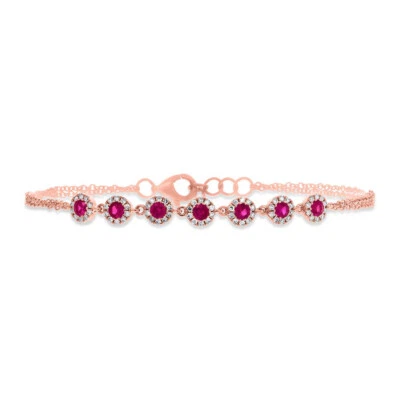 Womens 0.73CT 14k Rose Gold Natural 7 Stone Round Ruby Gemstone Diamond Bracelet - Image 1 of 2