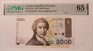 Croatia 1992 2,000 Dinara Bank Note Gem Unc 65 EPQ PMG - Picture 1 of 4