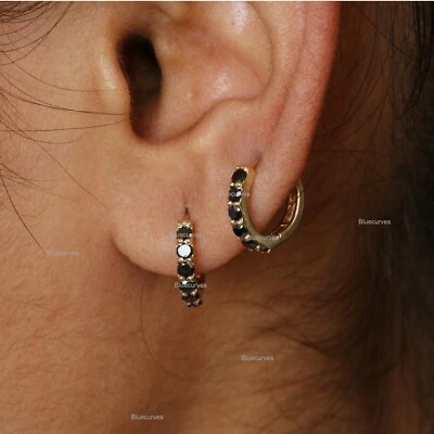 Natural Black Diamond Huggies Earrings 14k Solid Yellow Gold Tiny Hoops Earrings - Image 1 of 4