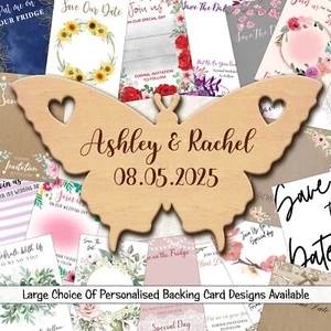 Butterfly & Hearts Wooden Wedding Save The Date Magnets & Backing Cards - Picture 1 of 7