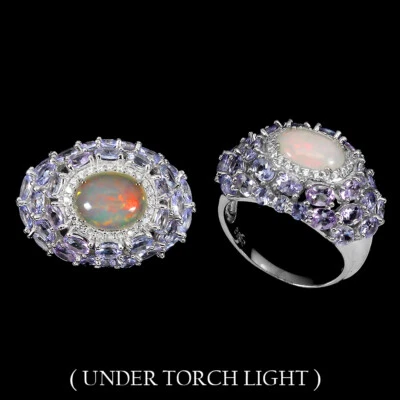 925 Anello Argento Sterling Ovale Opale di Fuoco Tanzanite Naturale Gemma Misura - Immagine 1 di 4