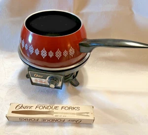 Vintage 1970s Oster Electric Fondue Pot 701-01A Orange Nonstick with 6 forks - Picture 1 of 9