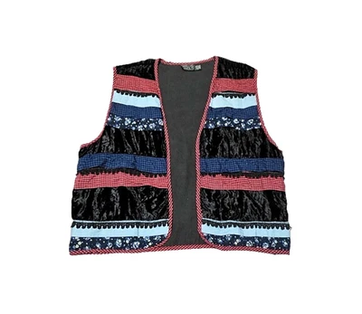 Chaleco Abierto De Colección SHELLY & ARNOLD Rojo Azul Negro Estampado Mixto Crochet Ribete Talla Grande 1x Foto 1 de 4