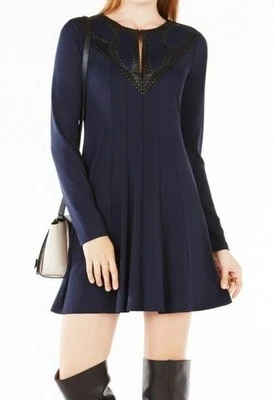 BCBGMAXAZRIA Sz S Jaena Embellishes Navy blue Flounce Dress Midnight $228 NEW - Image 1 of 4