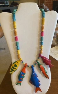 Colorful Necklace with 5 Wooden Painted Fish - Picture 1 of 6