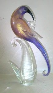 Statuina uccellino esotico colorato viola e oro vetro artistico Murano altezza 12" Italia - Foto 1 di 4