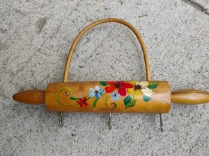 Vtg Wooden Painted Flowers Rolling Pin Key Holder - Picture 1 of 3