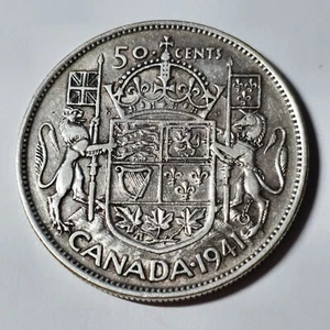 1941 - Fecha estrecha - Canadá 50 cincuenta centavos PLATA - COMBINAR para ahorrar - C50-245 - Imagen 1 de 5