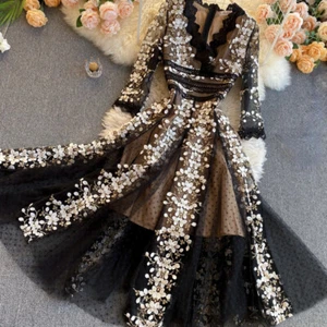 Ladies Embroidered Mesh Lace Dress Floral V-neck Party Black Long Sleeve Ethnic - Picture 1 of 12