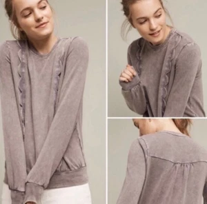 Anthropologie Eri + Ali Weckerlie Scalloped Sweatshirt Top Brownish Grey Small - Picture 1 of 10