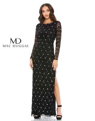 Nuevo con etiquetas Vestido Mac Duggal 9109 Lentejuelas Enrejado Manga Larga Espalda Abierta Talla 2 Negro 2E452 Foto 1 de 4