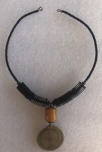Vintage Butterscotch Amber Wired Collar W/ Brass Disc Pendant