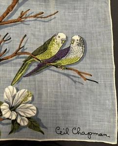 Vintage 1950er Jahre Decke Chapman blau Schal Sittich Vögel Taschentuch 15x15 wunderschön - Bild 1 von 15