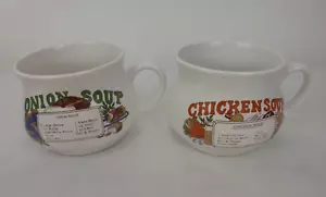 2 Vintage Retro Recipe Soup Mugs Bowls Chicken Soup and Onion Soup - Picture 1 of 15