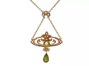 Vintage Art Deco Green Peridot and Seed Pearls Pendant Necklace 15k Pink Gold - Picture 1 of 7