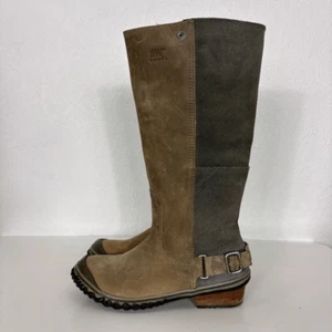 Sorel Tan Leather & Grey Suede Tall Riding Winter Boots Women's Size 6.5 - Picture 1 of 14
