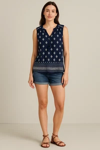 Lucky Brand Women’s Sleeveless Boho Tank Top Navy White Geometric Print Small NW - Picture 1 of 7