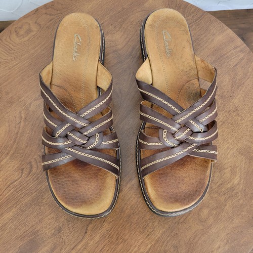 Sandali donna Clarks taglia 8M pelle marrone punta aperta cinturino slip on 72678