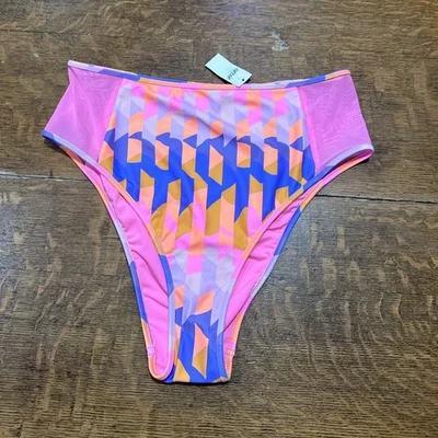 Aerie NWT high cut cheeky swim bottoms sz large pink blue - Image 1 of 4