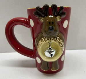 Pier 1 Imports Reindeer Coffee Mug 3D Cup Christmas Bell Jingle Polka Dot Red - Picture 1 of 6