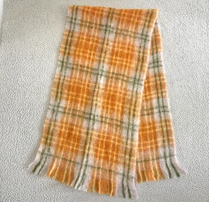 Vintage Andrew Stewart Mohair Wool Neck Scarf Rust Orange Sage Green Plaid - Picture 1 of 9