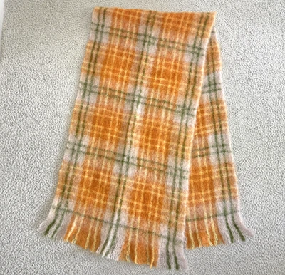 Vintage Andrew Stewart Mohair Wool Neck Scarf Rust Orange Sage Green Plaid - Image 1 of 4
