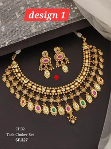 Gold tone chokar set indian traditional diwali rakhi gold necklace chokar set - Picture 1 of 10