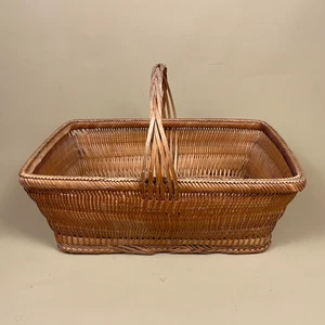 Oriental Handmade Rectangle Basket Woven Wicker Vintage Bamboo Handle Pattern - Picture 1 of 10
