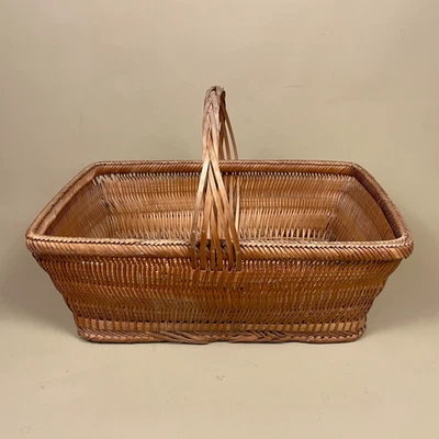 Oriental Handmade Rectangle Basket Woven Wicker Vintage Bamboo Handle Pattern - Image 1 of 4