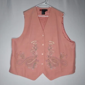 Vtg Silk Beaded Vest Womens 22W Pink Button VNeck Floral Vtg 90s Romantic Witchy - Picture 1 of 7