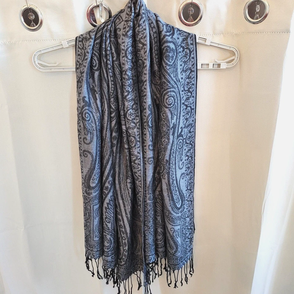 Pashmina Cachemira Seda Gris Paisley Bufanda Chal Flecos Borlas Dinero Antiguo 17470x Foto 1 de 4