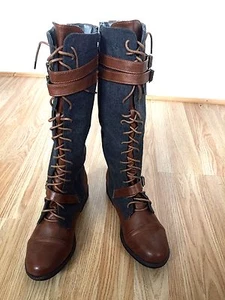 Women Denim Knee High Zip Lace Buckle Fleece Fur Long Low Flat Heel Boot Size - Picture 1 of 9