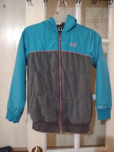 Under Armour UA Youth Girl Storm Jacket Size YMD/ JM Full Zip Gray Teal Hooded - Picture 1 of 6