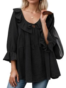 Womens Scoop Neck 3/4 Length Sleeve Tops Casual Tie Front Ruffle Tiered Loose - Picture 1 of 14