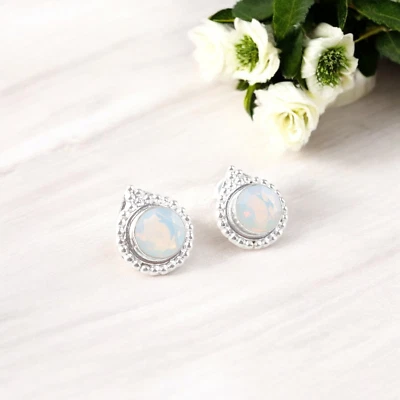 Milky Opal Natural Gemstone Earrings 925 Sterling Silver Jewelry For Women Gift - Image 1 of 4