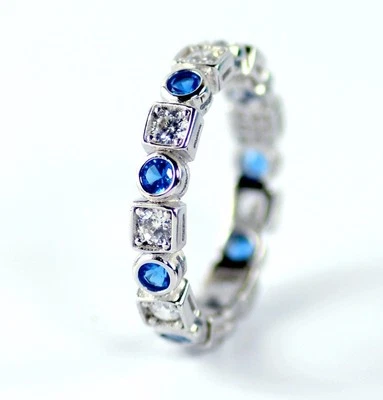 925 Sterling Silver Blue Sapphire Cubic Zirconia CZ Crystal Women Eternity Band - Image 1 of 4