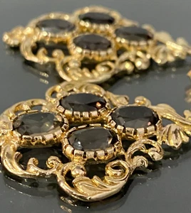 Large Vintage 9K Yellow Gold Smoky Quartz Scroll & Flower Drop Earrings - Picture 1 of 9