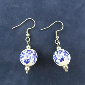 CHINOISERIE Porzellan Perlen Ohrhänger Antik Silberfarben Blau Weiß Delft - Bild 1 von 5