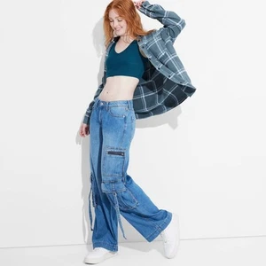 Women's Mid-Rise Wide Leg Cargo Baggy Pants - Wild Fable Medium Wash - Picture 1 of 3