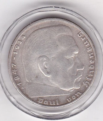 1939  Germany    Silver   (62.5%)  2  Mark  Coin ,  Paul von Hindenburg - Image 1 of 2